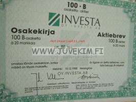 Investa Oy, Helsinki 1988, 20 000 mk -osakekirja