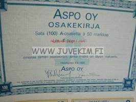 Aspo Oy, Helsinki 1989, 5 000 mk -osakekirja