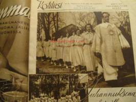 Kotiliesi 1950 nr 12 Kansikuva Martta Wendelin - Juhannus, Virkarouva ja kotirouva, Piha-aita esittäytyy monessa asussa, Paras mansikkahillo, Ajankuvaa 1950, ym.
