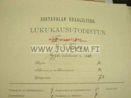 Sortavalan Reaalilyseo lukukausi-todistus K.V. Tikka syyslukukausi 1908