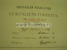 Sortavalan Reaalilyseo lukukausi-todistus K.V. Tikka syyslukukausi 1909