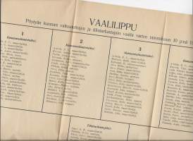 Vaalilippu Pöytyän kunnan valtuutettujen ja tilitarkastajain vaalia varten 10.1.1919