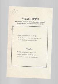 Vaalilippu käytettävä kunnan tilintarkastajain vaalissa Rymättylässä 30.12.1918