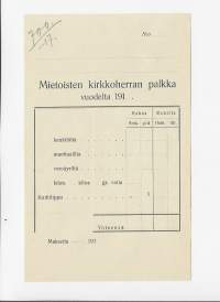 Mietoisten kirkkoherran palkka vuodelta 191x -  firmalomake