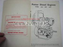 Petter Diesel Engines AV1, AV2 operator´s handbook -käyttöohjekirja, huolto, varaosaluettelo