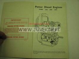 Petter Diesel Engines AV1, AV2 operator´s handbook -käyttöohjekirja, huolto, varaosaluettelo