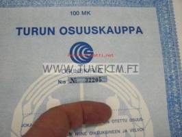 Turun Osuuskauppa -osuuskirja 100 mk 1986