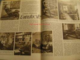 Kotiliesi 1950 nr 3, maalaiskodin keittiö esittelyssä, v 1950. Riepumattojen kutominen, onko teillä keinutuoli?, pehkua, paperia, pahvia vai kunnon kapalot?