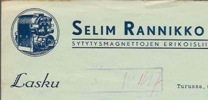 Selim Rannikko Sytytysmagneettojen erikoisliike Turku 1949  - firmalomake