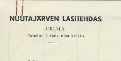 Nuutajärven Lasi Oy Urjala 1948 - firmalomake