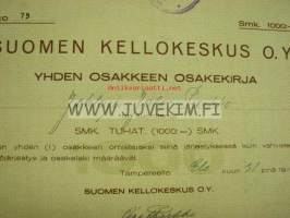 Suomen Kellokeskus Oy, Tampere 1926, 1 000 mk, osake nr 76, Jalo Perkko -osakekirja