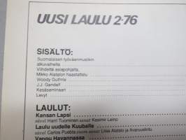 Uusi Laulu 1976 nr 2, poliittisen, vasemmistolaisen  laululiikkeen kannattaja, Woody Guthrie, Mikko alatalo haastattelu, J.J. Gandalf, Laulu uudelle Kuuballe, ym.