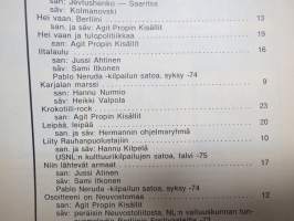 Uusi Laulu 1975 nr 1, poliittisen, vasemmistolaisen  laululiikkeen kannattaja, Helsingin laulufestiv., Karjalan marssi, Pulumerkki-boogie, Osoitteeni on Neuvostomaa