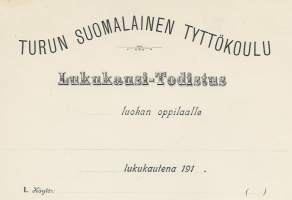 Turun Suomalainen Tyttökoulu Lukukausi-Todistus  1917 -  todistus blanko