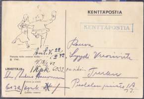 Kenttäpostikortti (Porsaita äidin oomme kaikki). Kulkenut 07.07.1941.