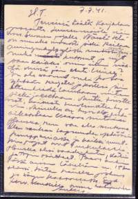 Kenttäpostikortti (Porsaita äidin oomme kaikki). Kulkenut 07.07.1941.