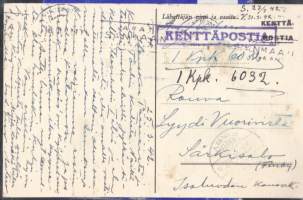 Kenttäpostikortti (Yrjö Jylhän runo, piirros tsasouna). Kulkenut 25.03.1942.