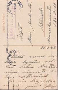 Kenttäpostikortti (Lemmen rohtoako?). Kulkenut 02.02.1943.