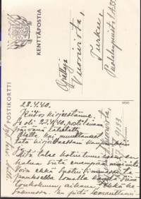 Kenttäpostikortti (Von Essen runo). Kulkenut 24.04.1940.