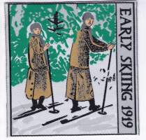 Hihamerkki kangasmerkki Early Skiing 1919 Hiihtohistoriaa. Koko 10 x 10 cm