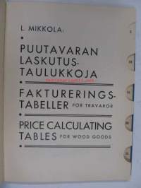 Puutavaran laskutustaulukkoja Faktureringstabeller för trävaror Price calculating tables for wood goods