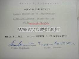 Suomen Lääkäriliitto, Todistus; Apulaisylilääkäri, LKT Harry Blomqvist osallistunut Sairaalahallinnon luentopäiville 1964 -asiakirja