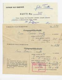 Karjalan Valo Oy - osingonpidätyskuitti x2 ja purku jako omistajille 1948-55