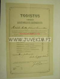 Tampereen kasvatusopillinen käsityökurssi 1912 Martta Mäkitalo, Loimaa -todistus