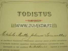 Tampereen kasvatusopillinen käsityökurssi 1912 Martta Mäkitalo, Loimaa -todistus