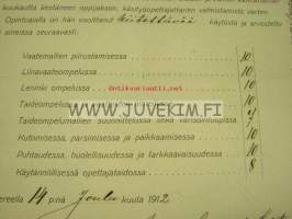 Tampereen kasvatusopillinen käsityökurssi 1912 Martta Mäkitalo, Loimaa -todistus