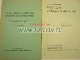 K.E. Salonen / Suomen Lutherilainen Evankeliumiyhdistys kirjasia 5 kpl; &quot;Papin suhde tieteelliseen ramatuntutkimukseen&quot;, &quot;Risti ja usko&quot;, &quot;Kenen nimi 