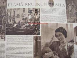 Kotiliesi 1953 nr 11 kesäkuu (keskiaukeamalla kuvia Englannin kuninkaallisista v. 1953 sekä vertailevia historiallisia piirroskuvia)