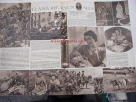Kotiliesi 1953 nr 11 kesäkuu (keskiaukeamalla kuvia Englannin kuninkaallisista v. 1953 sekä vertailevia historiallisia piirroskuvia)