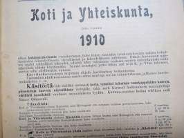 Koti ja yhteiskunta 1910-11 vuosikerrat, yhteissidos - naisten yhteiskunnallisen aseman kohotaminen, koti- ja ulkomaisia näkulmia, kotitalous- ja kasvitarhaneuvoja