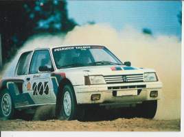 Peugeot 205vTurbo 16 ralliautot  autopostikortti kulkenut 1985
