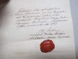 Todistus - ylioppilas Uuno Lahtinen omaa tyydyttävät tiedot venäjän kielessä...Mikkeli 5.3.1917, Mikkelin suom. lyseon lehtori... -asiakirja, sinettileima
