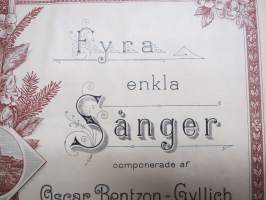 Fyra enkla sånger compnerade af Oscar Bentson-Gyllich -nuotit, painettu &quot;Åbo Stentryckeri&quot; 1894, Aurajoki-vinjetti kannessa