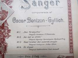 Fyra enkla sånger compnerade af Oscar Bentson-Gyllich -nuotit, painettu &quot;Åbo Stentryckeri&quot; 1894, Aurajoki-vinjetti kannessa