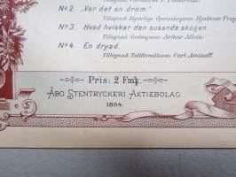 Fyra enkla sånger compnerade af Oscar Bentson-Gyllich -nuotit, painettu &quot;Åbo Stentryckeri&quot; 1894, Aurajoki-vinjetti kannessa