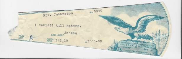 Linnankadun   Apteekki Turku Edit Taavitsainen, resepti  signatuuri  1955