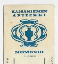 Kaisaniemen Apteekki Helsinki A Wuokko, resepti  signatuuri  1963