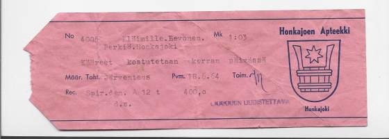 Honkajoen Apteekki Honkajoki, resepti  signatuuri  1964