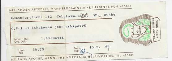 Meilahden  Apteekki Helsinki  resepti  signatuuri  1968