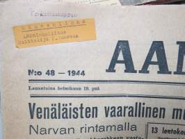 Aamulehti 19.2.1944, Narvan murto, 13 bolshvikkien lentokonetta ammuttu alas Helsingissä uhrit lueteltu nimineen, Saksalaiset moteissa, Sonja Henie, ym.