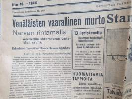 Aamulehti 19.2.1944, Narvan murto, 13 bolshvikkien lentokonetta ammuttu alas Helsingissä uhrit lueteltu nimineen, Saksalaiset moteissa, Sonja Henie, ym.