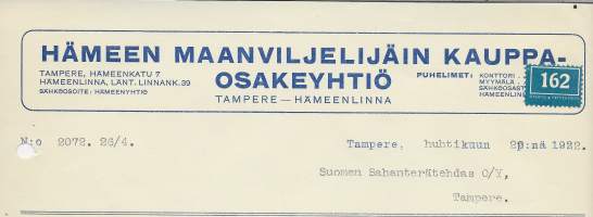 Hämeen Maanviljelijäin Kauppa Oy Tampere 1922 -  firmalomake