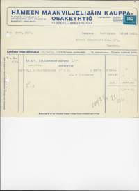 Hämeen Maanviljelijäin Kauppa Oy Tampere 1922 -  firmalomake