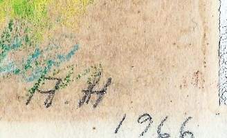 Tuntematon taiteilija, &quot;Maisema &quot; värikynä piirros  sign  A H 1966  25x30 cm kehystämätön