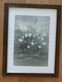 Maarit Ailio , &quot;Niittyvilla&quot;  sekatekniikka painokuva sign 2000  45x35 cm kehystetty