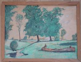 Tuntematon taiteilija , &quot;maisema&quot;  väriliitu piirros levylle signH HH   55x75 cm kehystetty